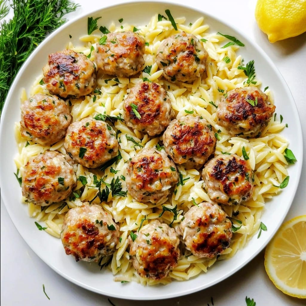 Greek Chicken Meatballs with Lemon Orzo