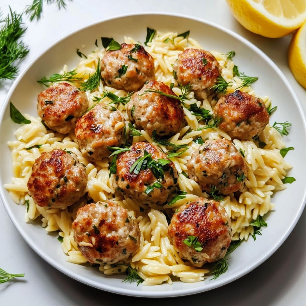 Greek Chicken Meatballs with Lemon Orzo