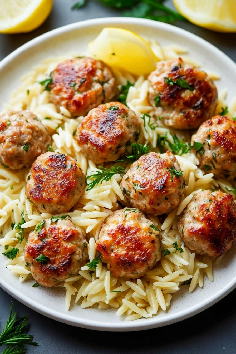 Greek Chicken Meatballs with Lemon Orzo