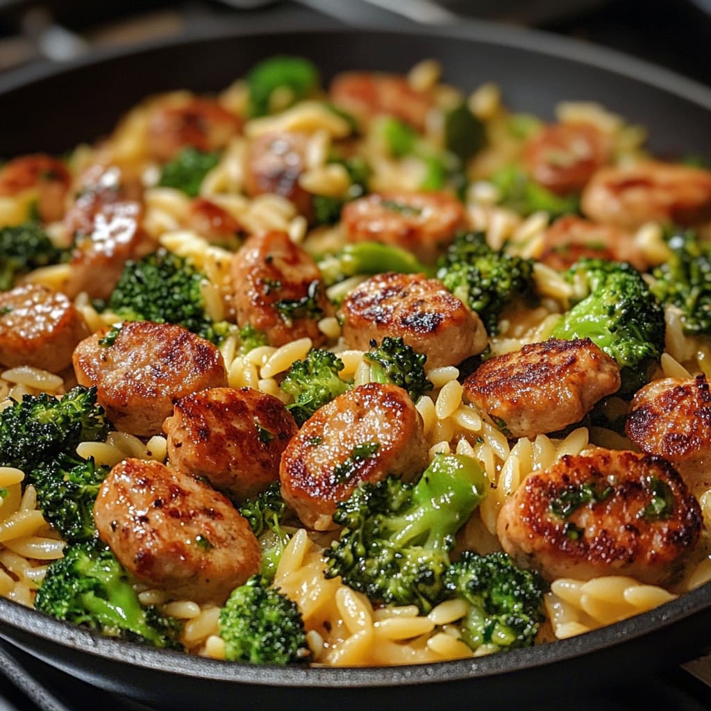 Chicken Sausage, Broccoli, and Orzo Skillet
