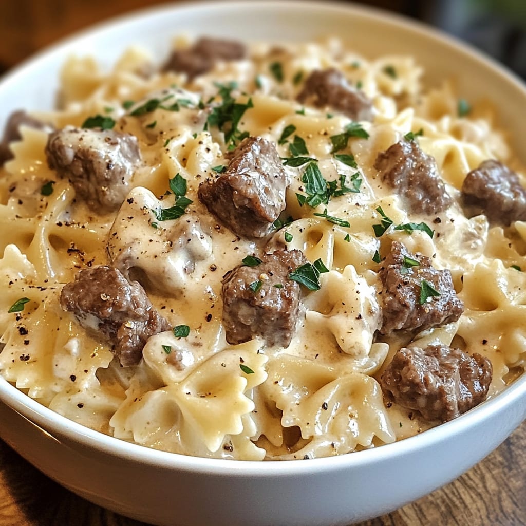 Beef and Bowtie Pasta with Alfredo Sauce