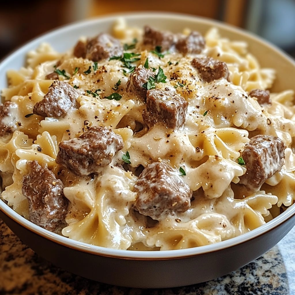 Beef and Bowtie Pasta with Alfredo Sauce