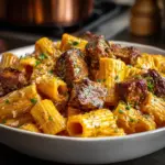 Cajun Steak Tips in Cheesy Rigatoni Parmesan Sauce