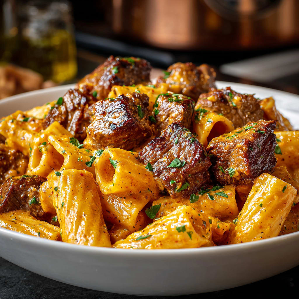 Cajun Steak Tips in Cheesy Rigatoni Parmesan Sauce