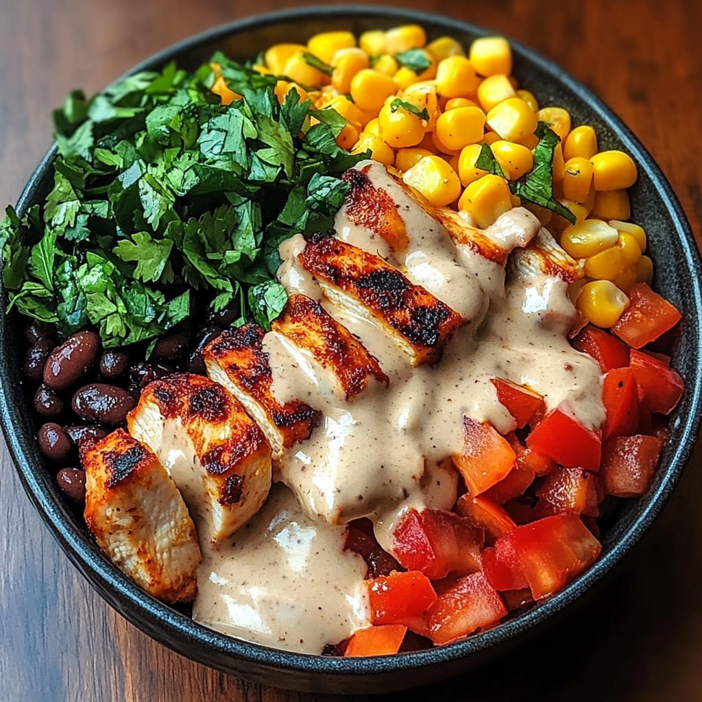 Chipotle Chicken Bowl with Black Beans, Corn, and Creamy Sauce