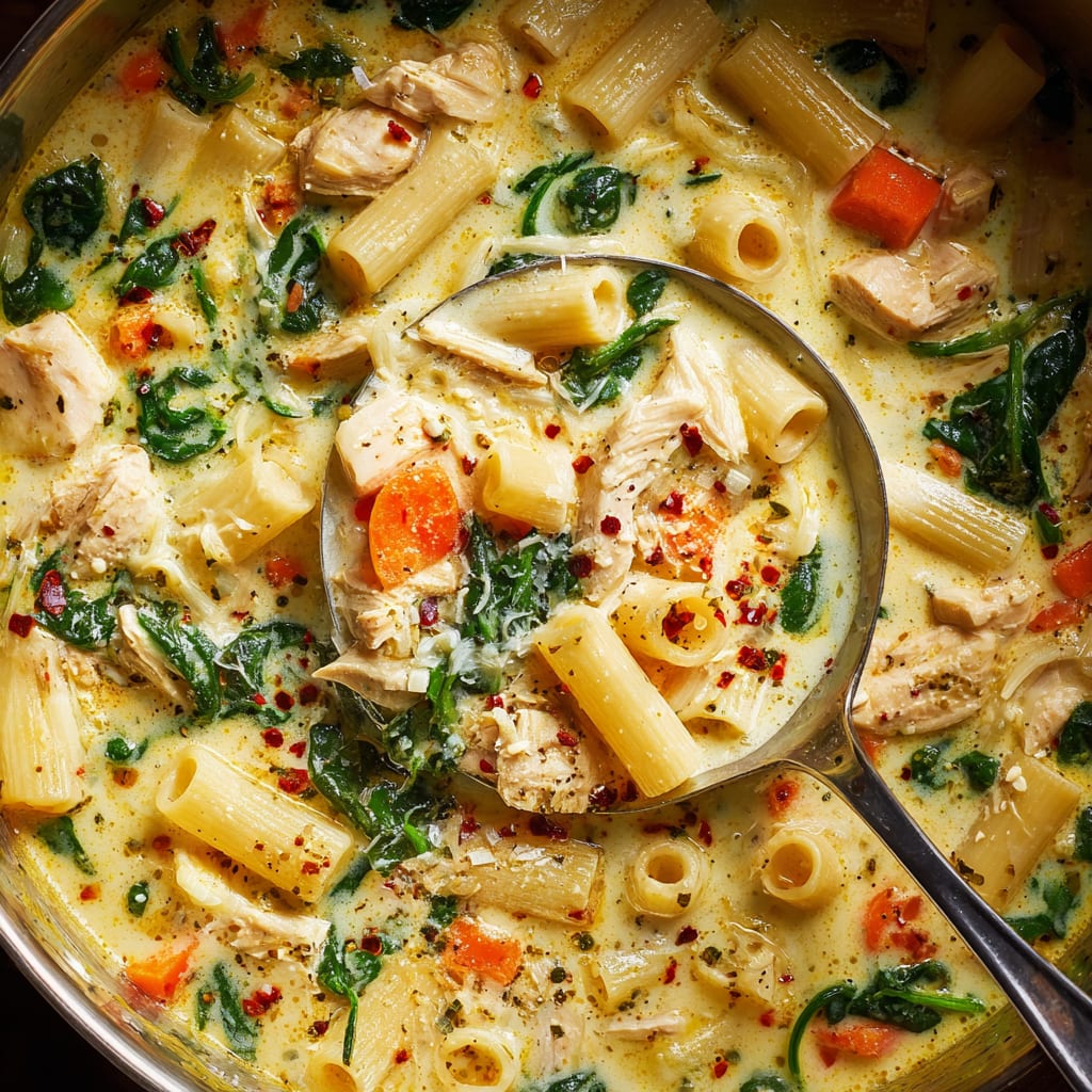 Creamy Chicken Soup with Pasta and Spinach