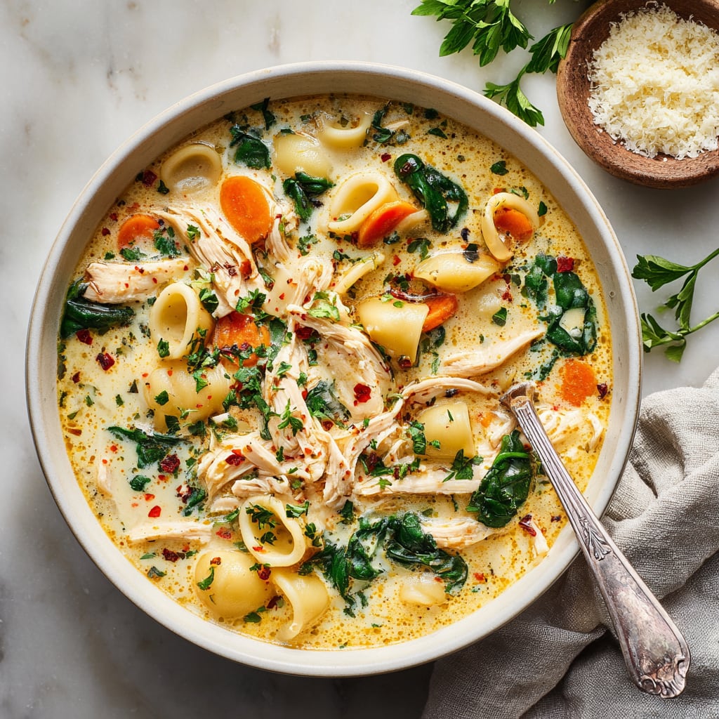Creamy Chicken Soup with Pasta and Spinach