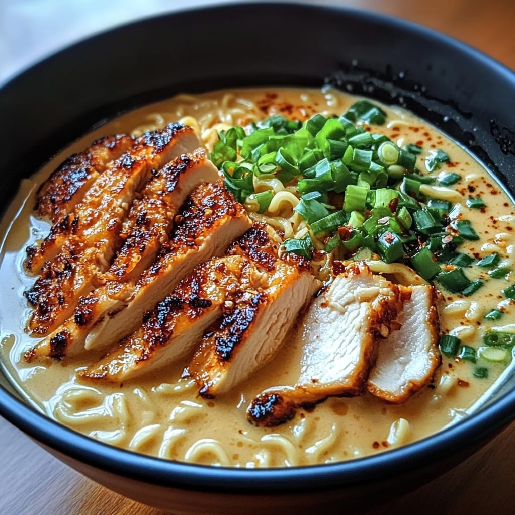Fiery Chicken Ramen with Creamy Garlic Sauce