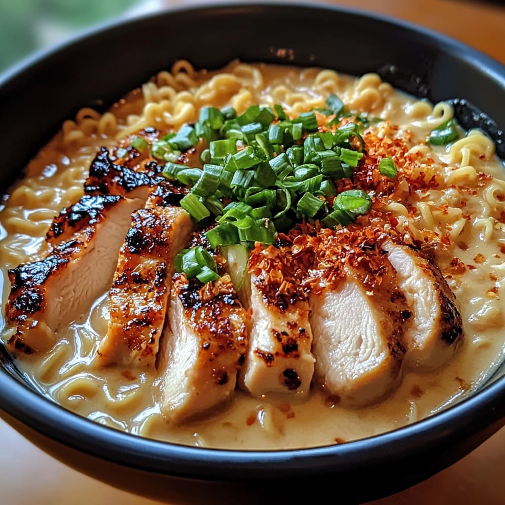 Fiery Chicken Ramen with Creamy Garlic Sauce