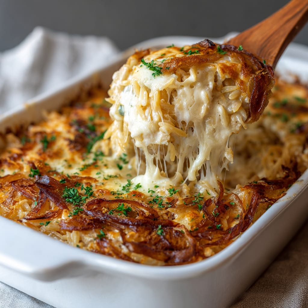 French Onion Chicken Orzo Casserole