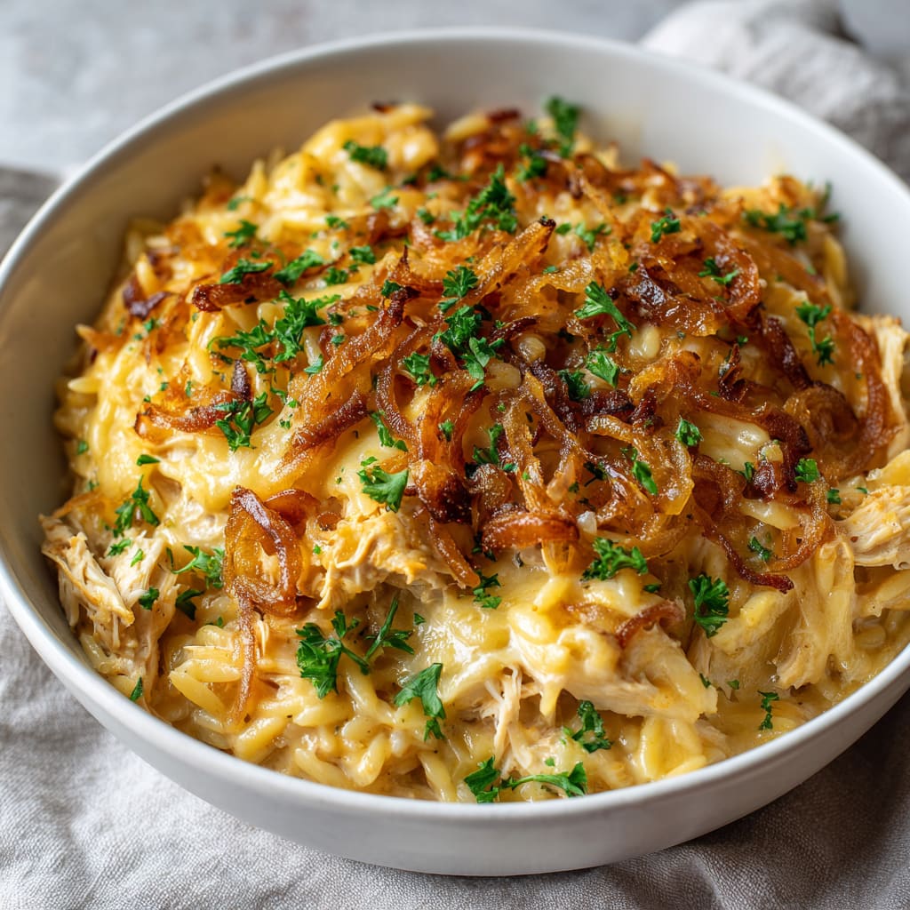 French Onion Chicken Orzo Casserole