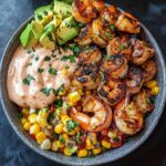 Grilled Shrimp Bowl with Avocado, Corn Salsa and Creamy Sauce