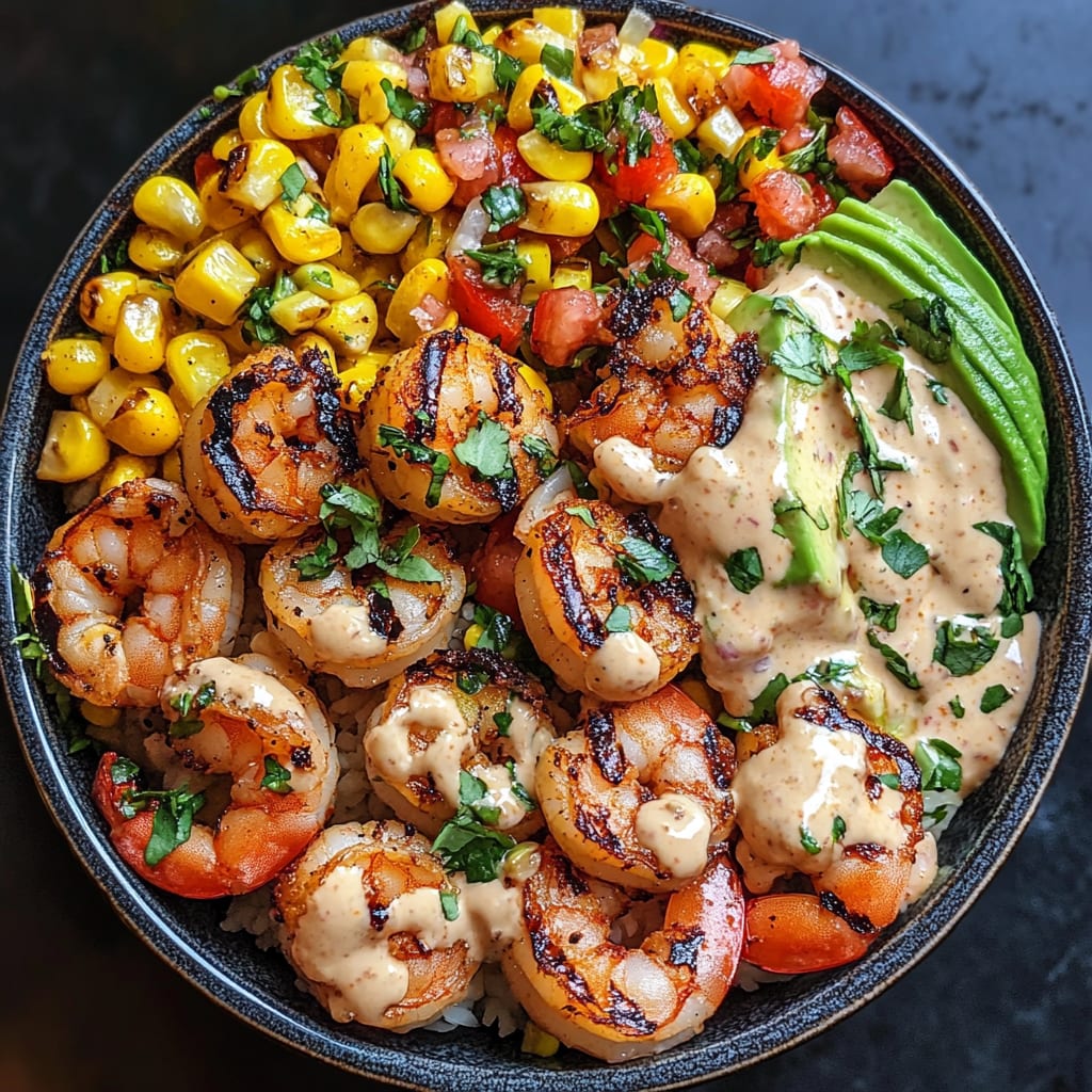 Grilled Shrimp Bowl with Avocado, Corn Salsa and Creamy Sauce