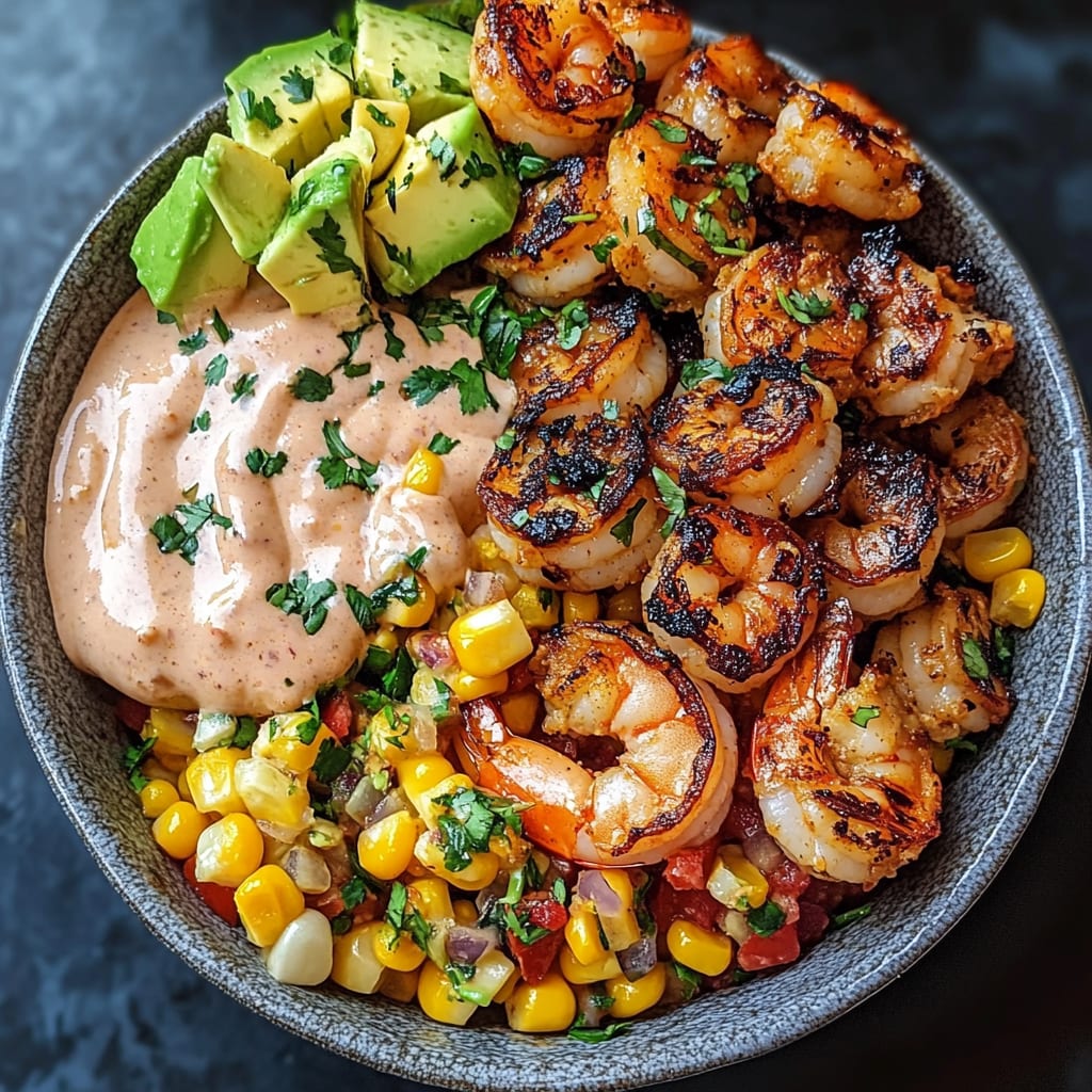 Grilled Shrimp Bowl with Avocado, Corn Salsa and Creamy Sauce