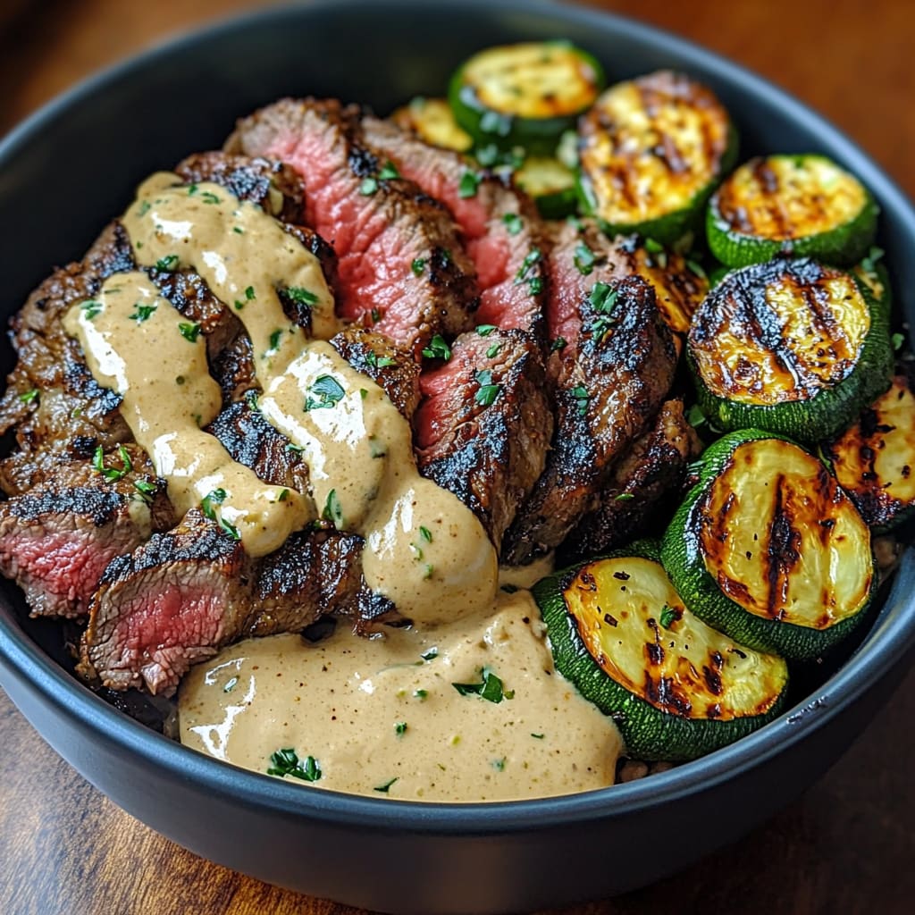 Grilled Steak Bowl with Creamy Sauce and Grilled Zucchini