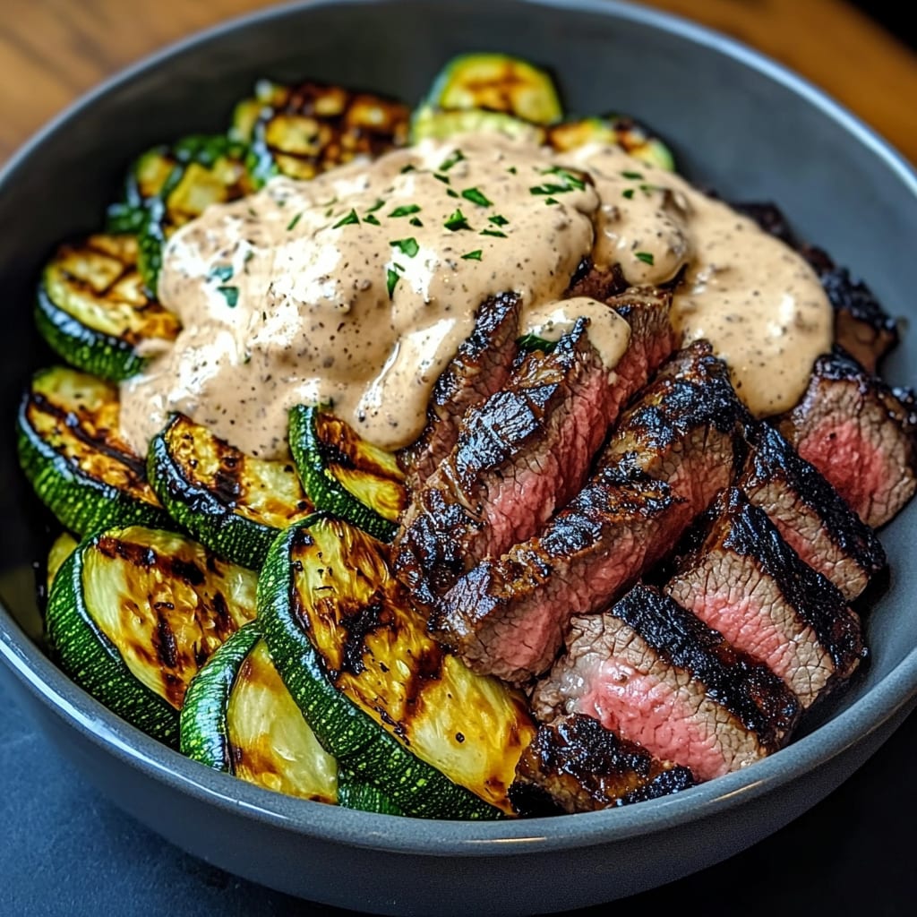 Grilled Steak Bowl with Creamy Sauce and Grilled Zucchini