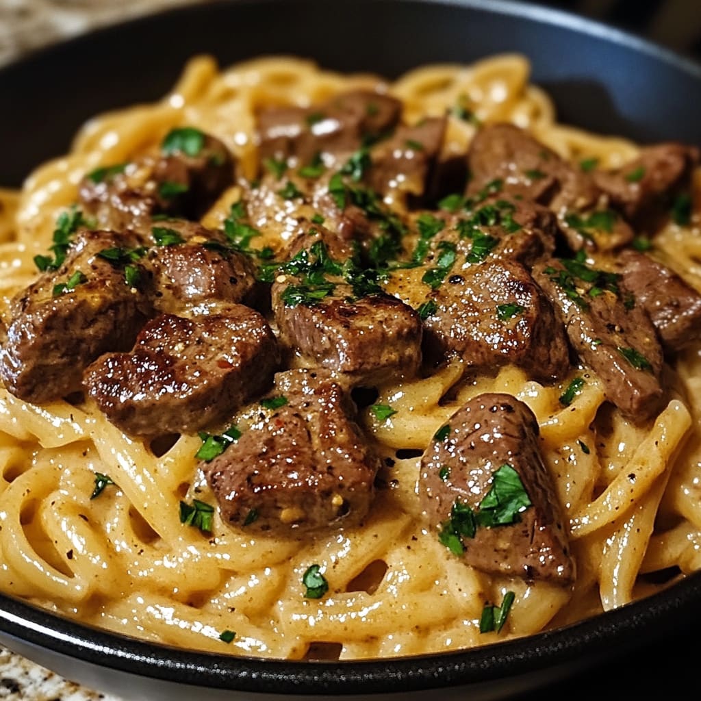 One Pot Creamy Spicy Garlic Butter Steak &amp; Pasta