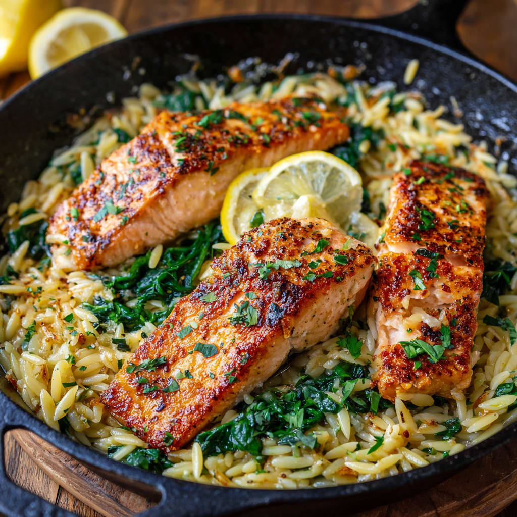 One Skillet Salmon with Lemon Orzo