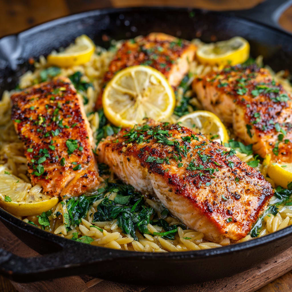 One Skillet Salmon with Lemon Orzo
