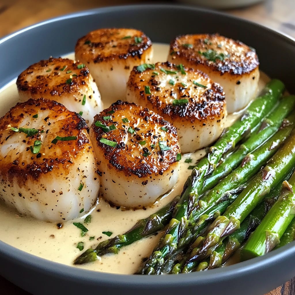 Seared Scallop Bowls with Asparagus and Creamy Sauce
