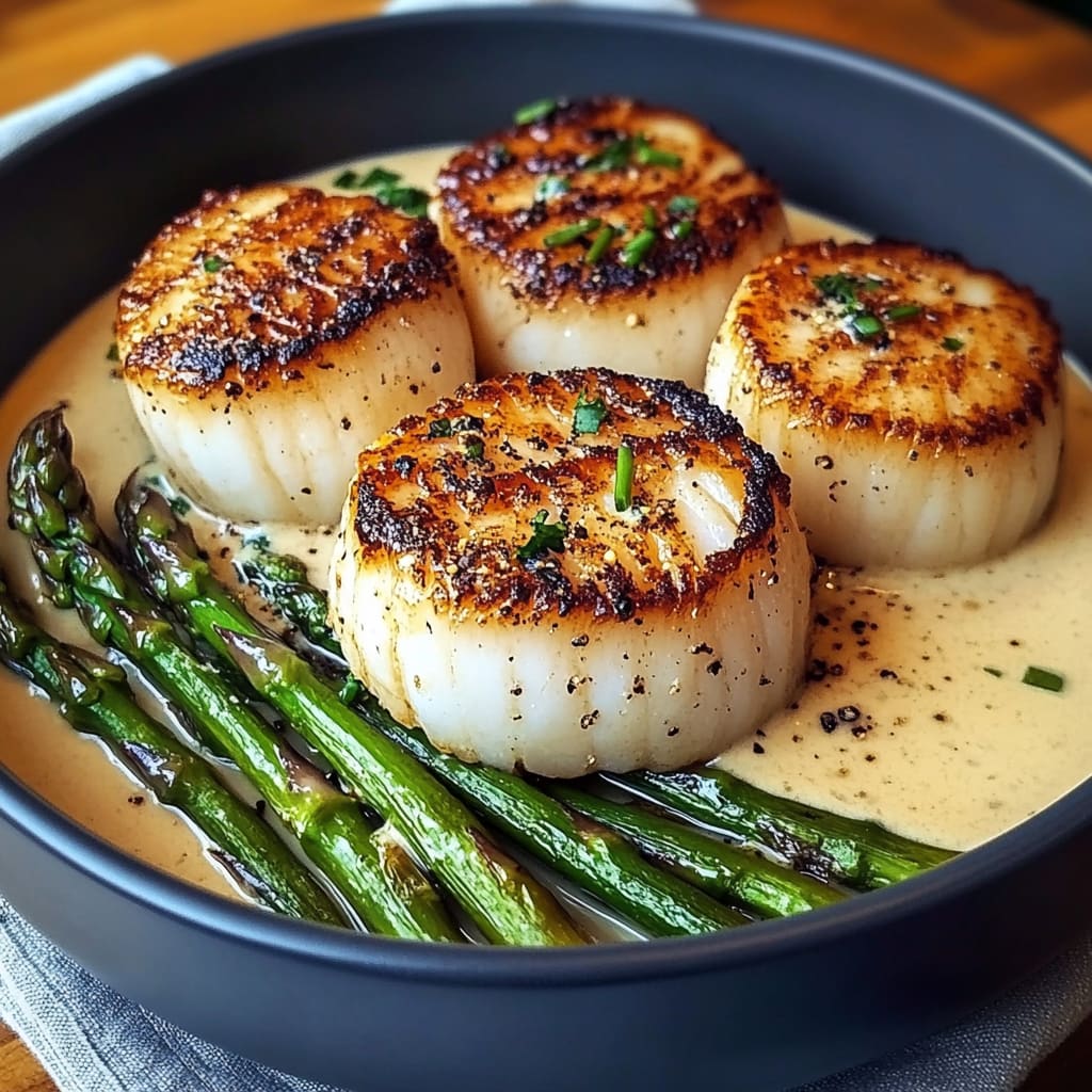 Seared Scallop Bowls with Asparagus and Creamy Sauce