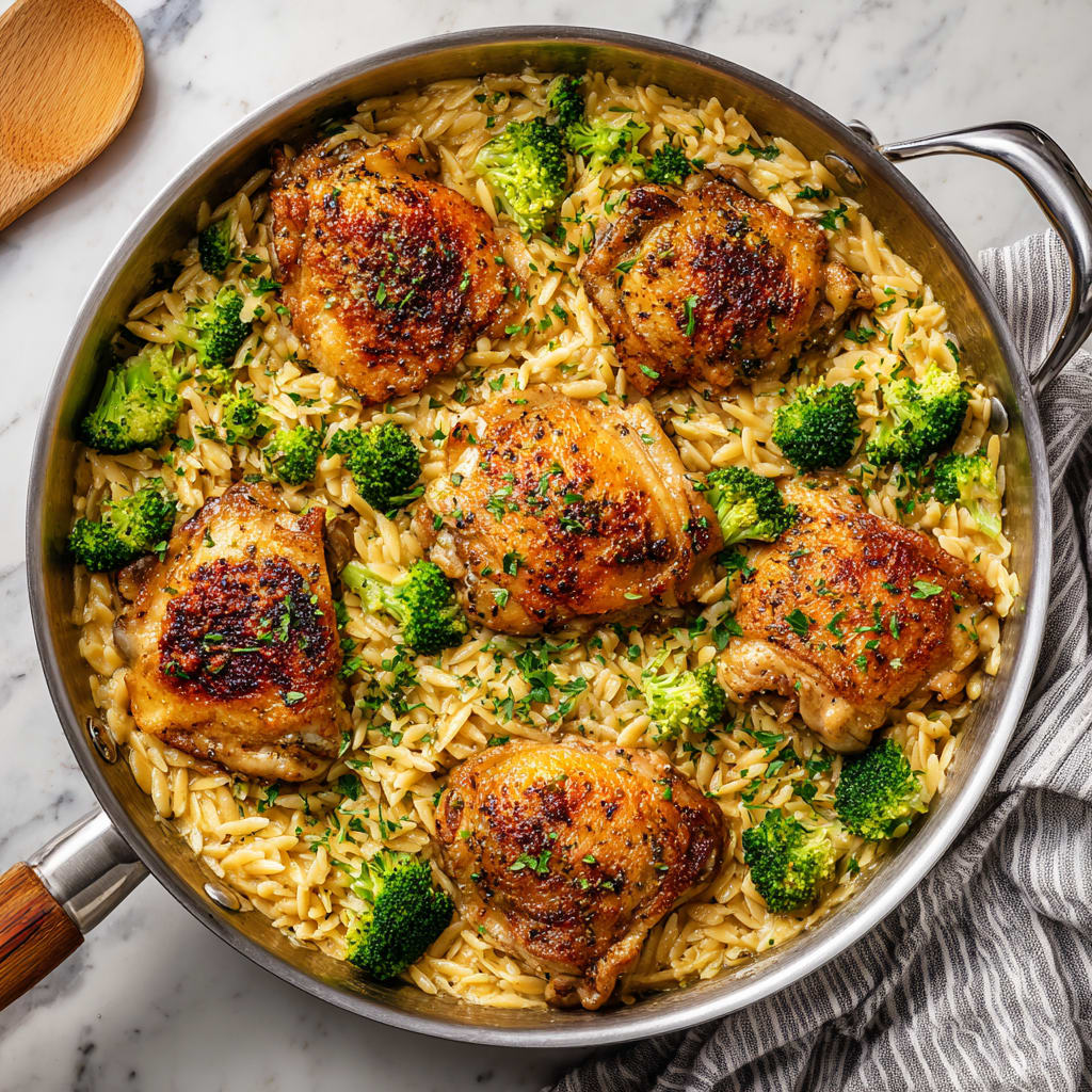 Skillet Chicken Thighs with Broccoli Cheddar Orzo