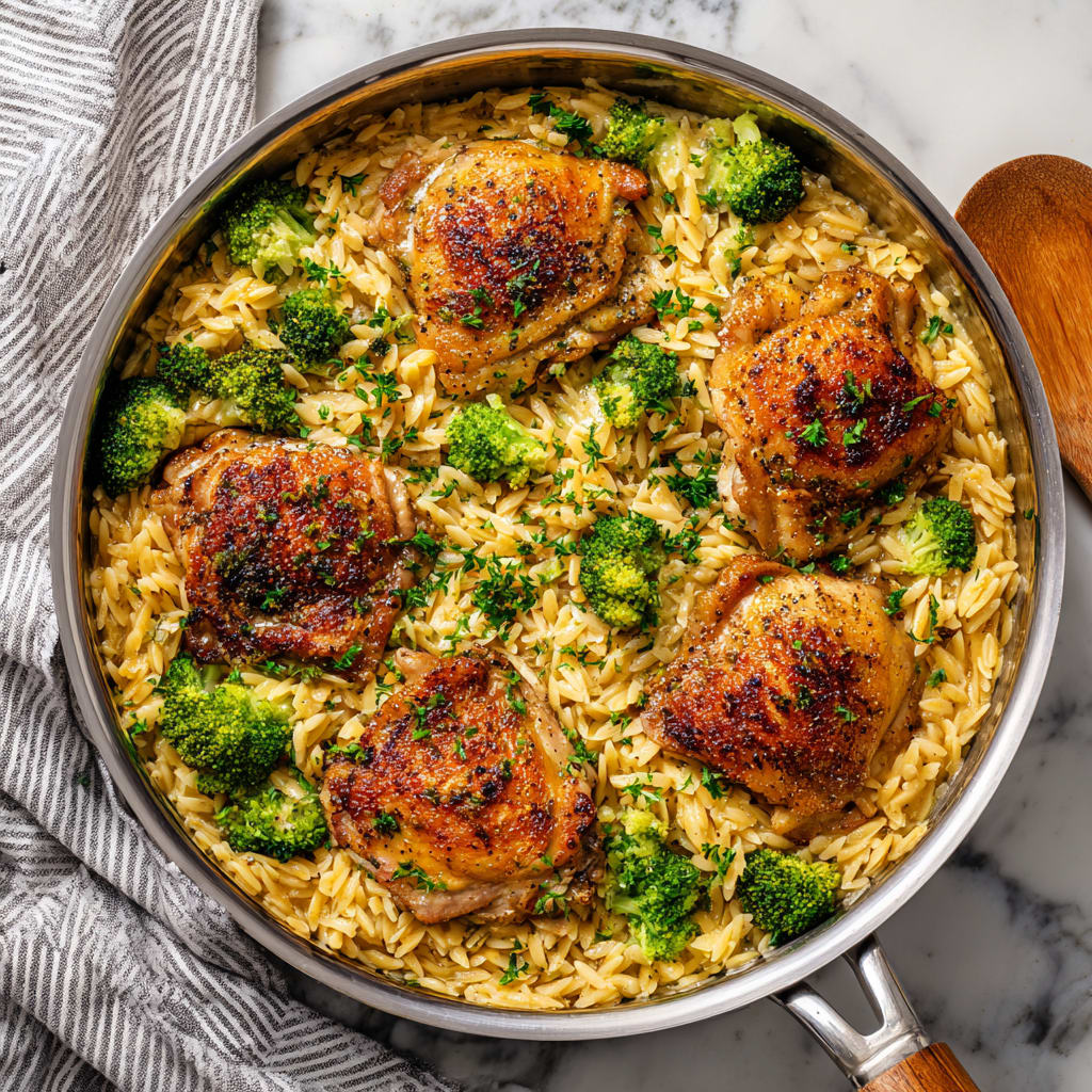 Skillet Chicken Thighs with Broccoli Cheddar Orzo