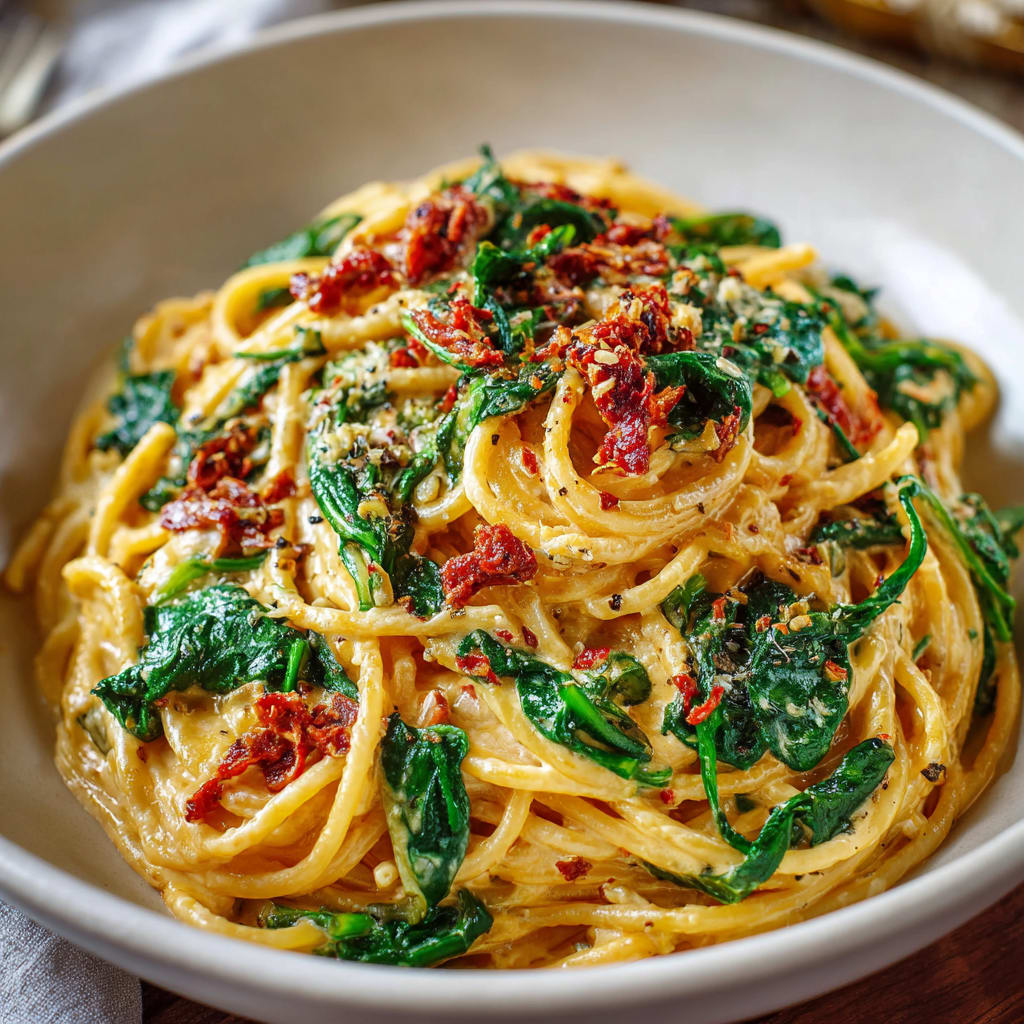 Spaghetti & Spinach with Sun-Dried Tomato Cream Sauce