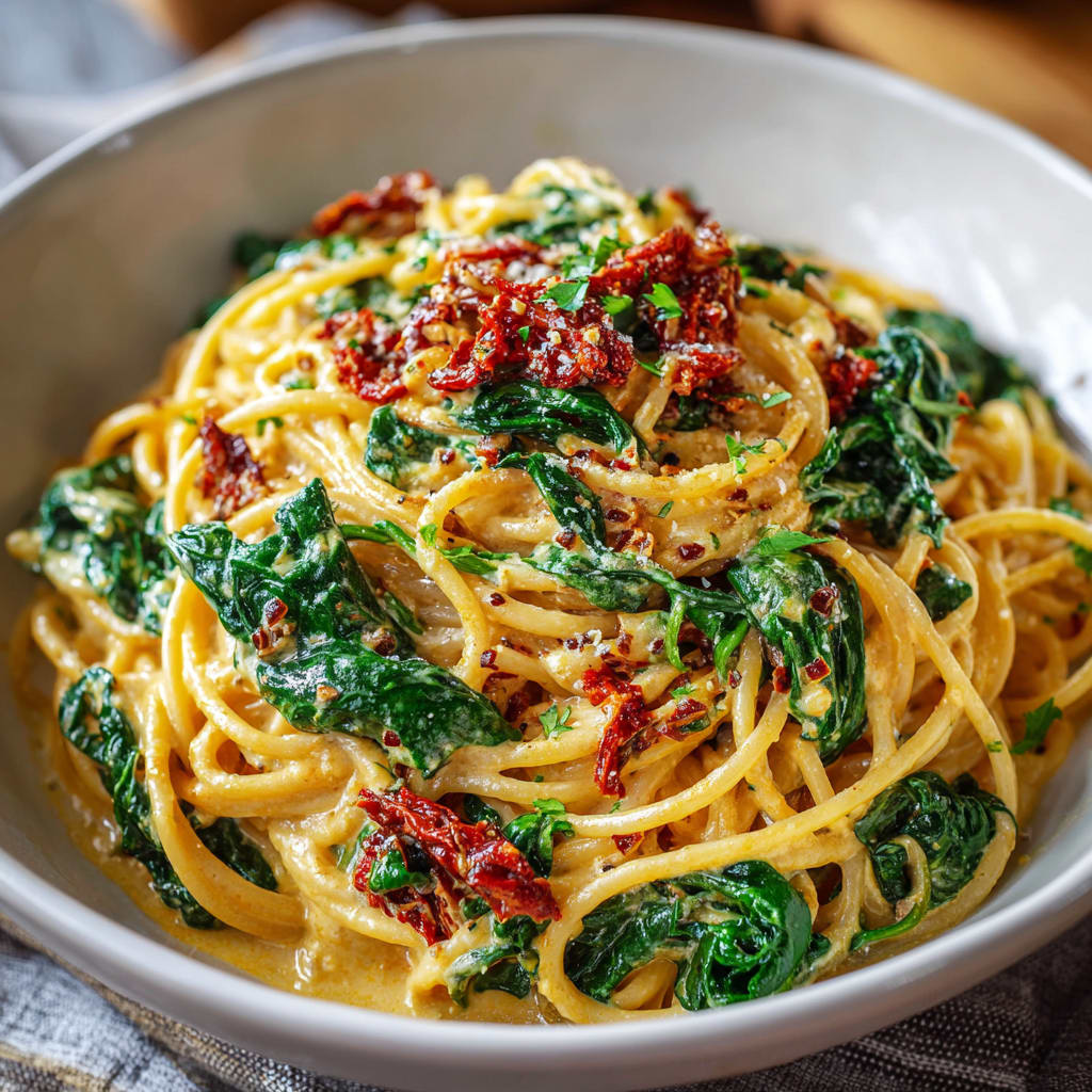 Spaghetti &amp; Spinach with Sun-Dried Tomato Cream Sauce