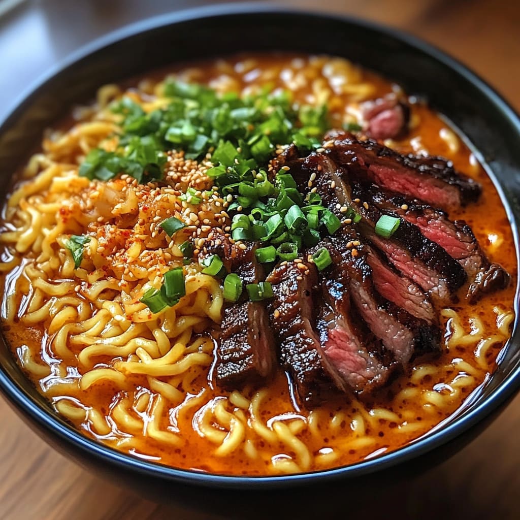Spicy Korean Ramen with Grilled Beef