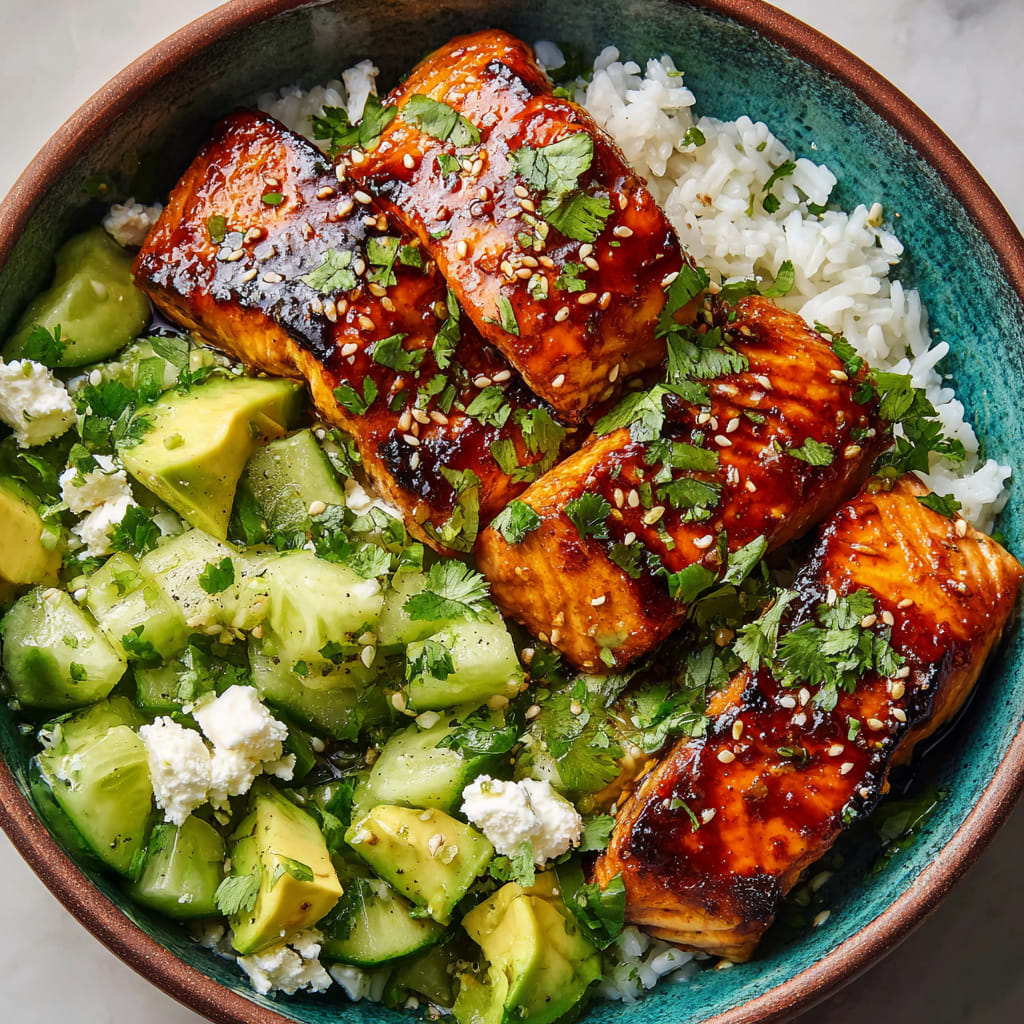 Chipotle Glazed Salmon Bowl with Avocado Feta Salad