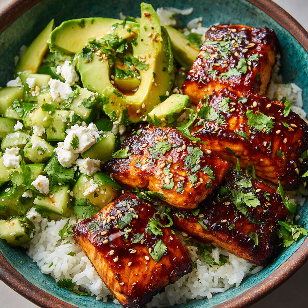Chipotle Glazed Salmon Bowl with Avocado Feta Salad