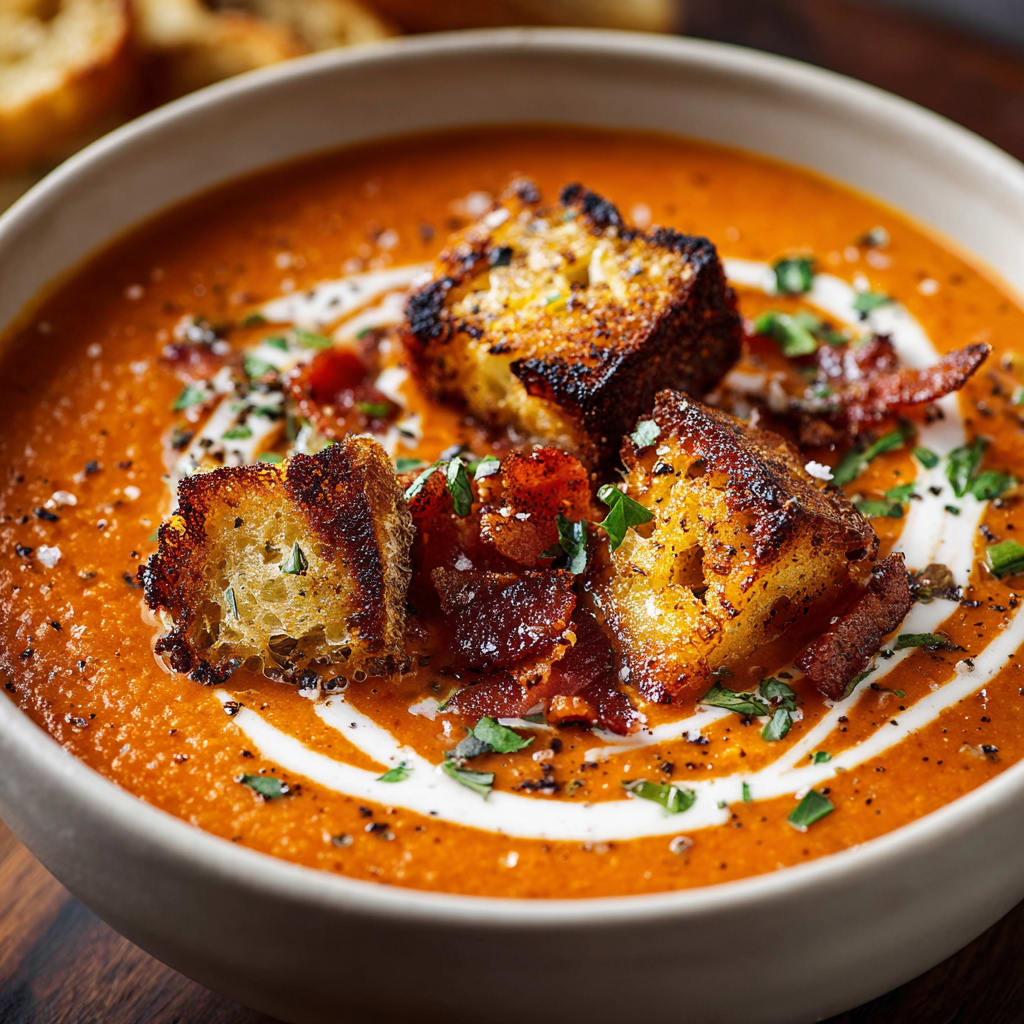Creamy Tomato Bisque with Grilled Cheese Croutons