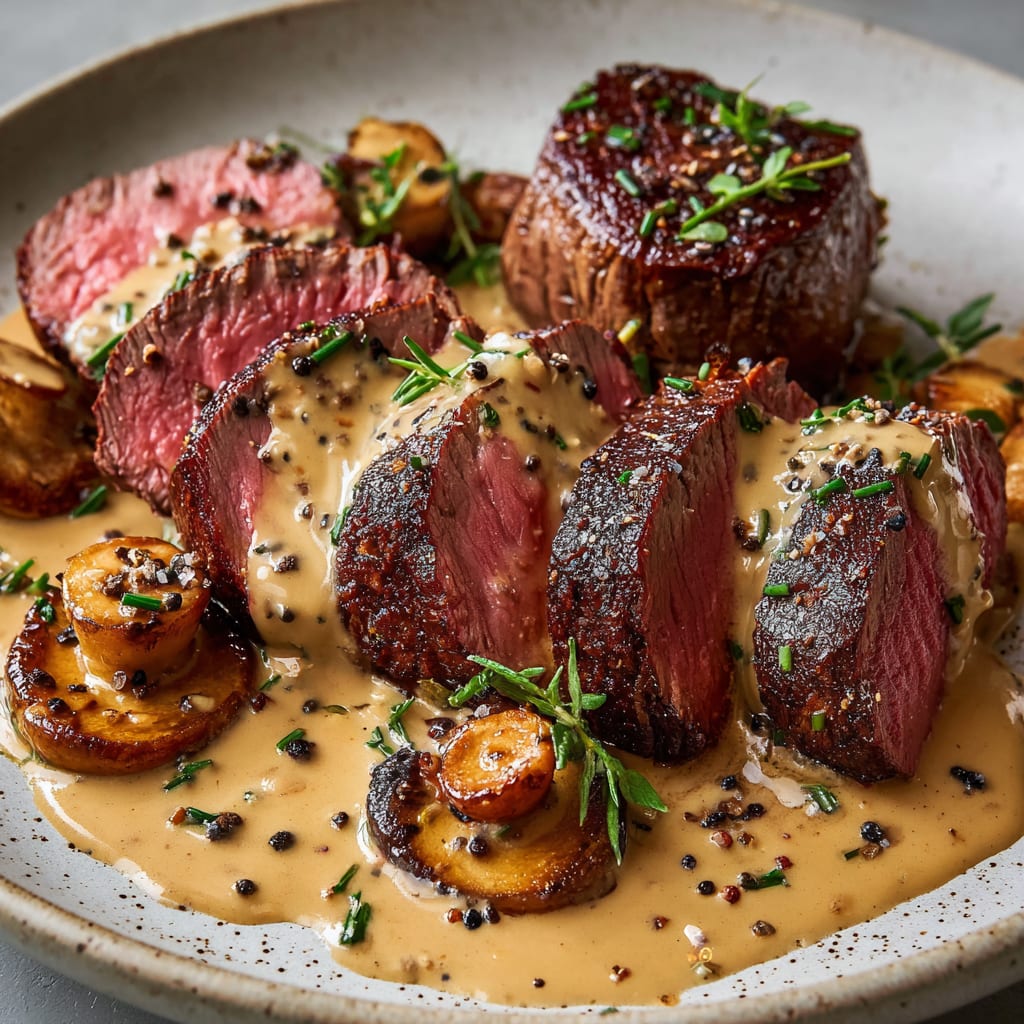 Elegant Filet Mignon with Creamy Peppercorn Sauce