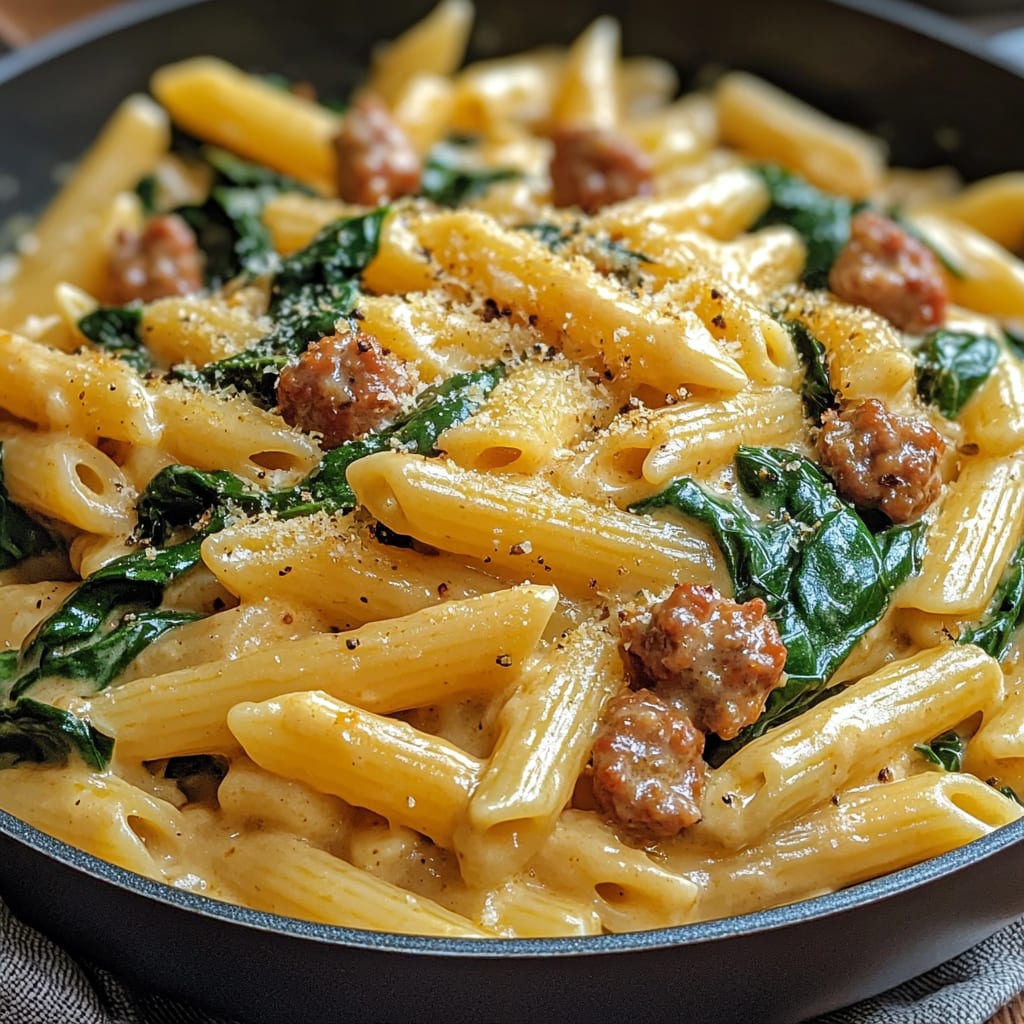 One-Pan Creamy Penne with Spinach and Italian Sausage