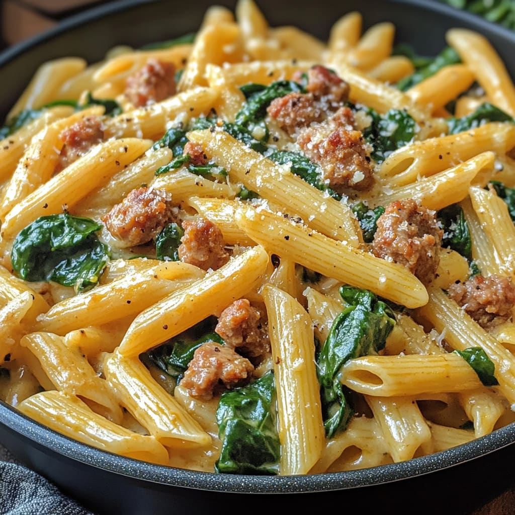 One-Pan Creamy Penne with Spinach and Italian Sausage