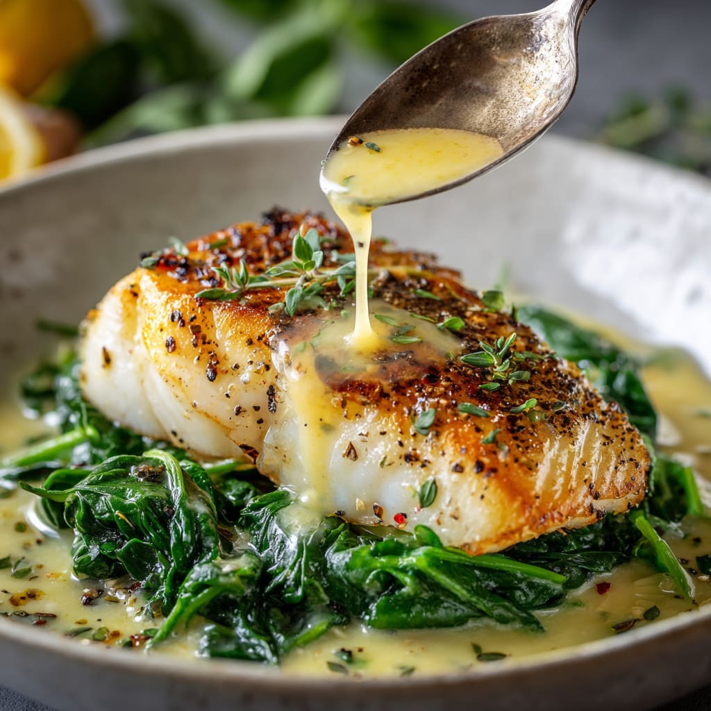 Luscious Lemon-Garlic Sea Bass with Creamed Spinach